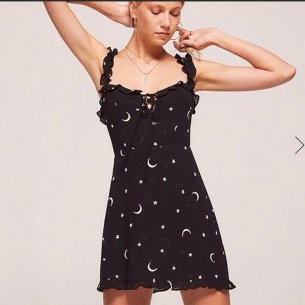 Reformation Armadillo Moon & Stars Black Ruffle Mini Dress Celestial Whimsigoth